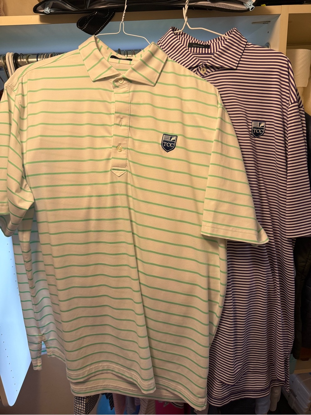 Two Pack: Golf Polos White - Light Green Stripes / White - Purple Stripes